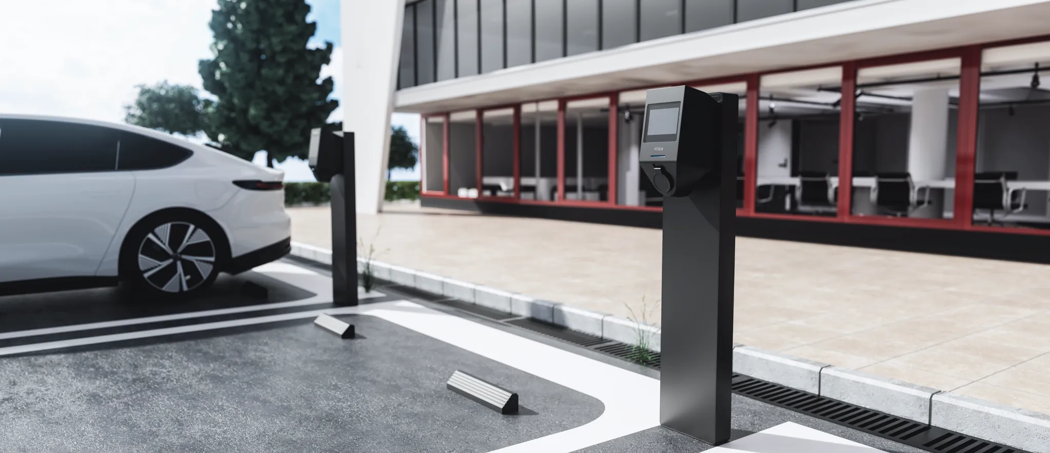 Row of Volt Time One Business chargers on an office parking lot