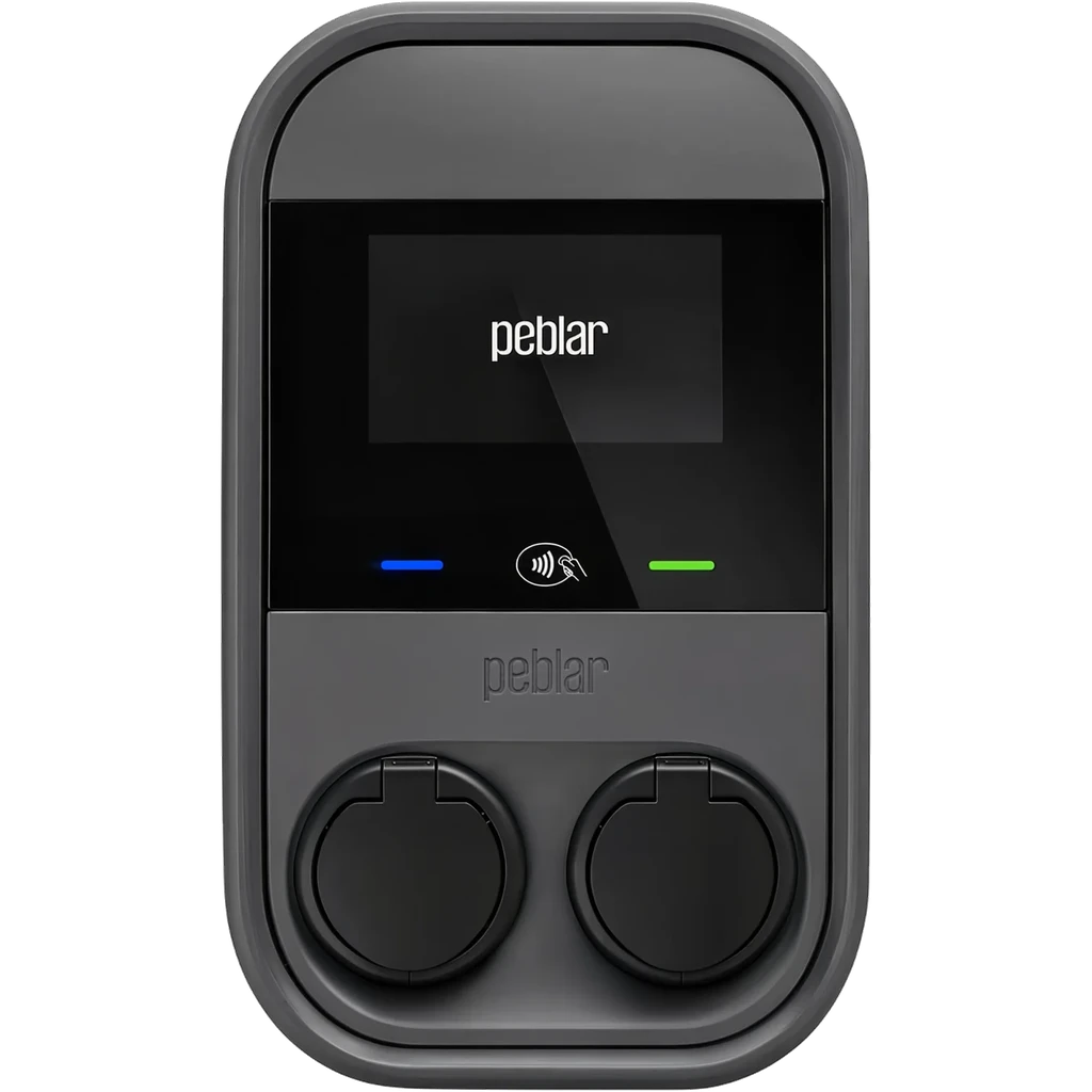 Peblar Dual render, front view of the dual-socket wallbox