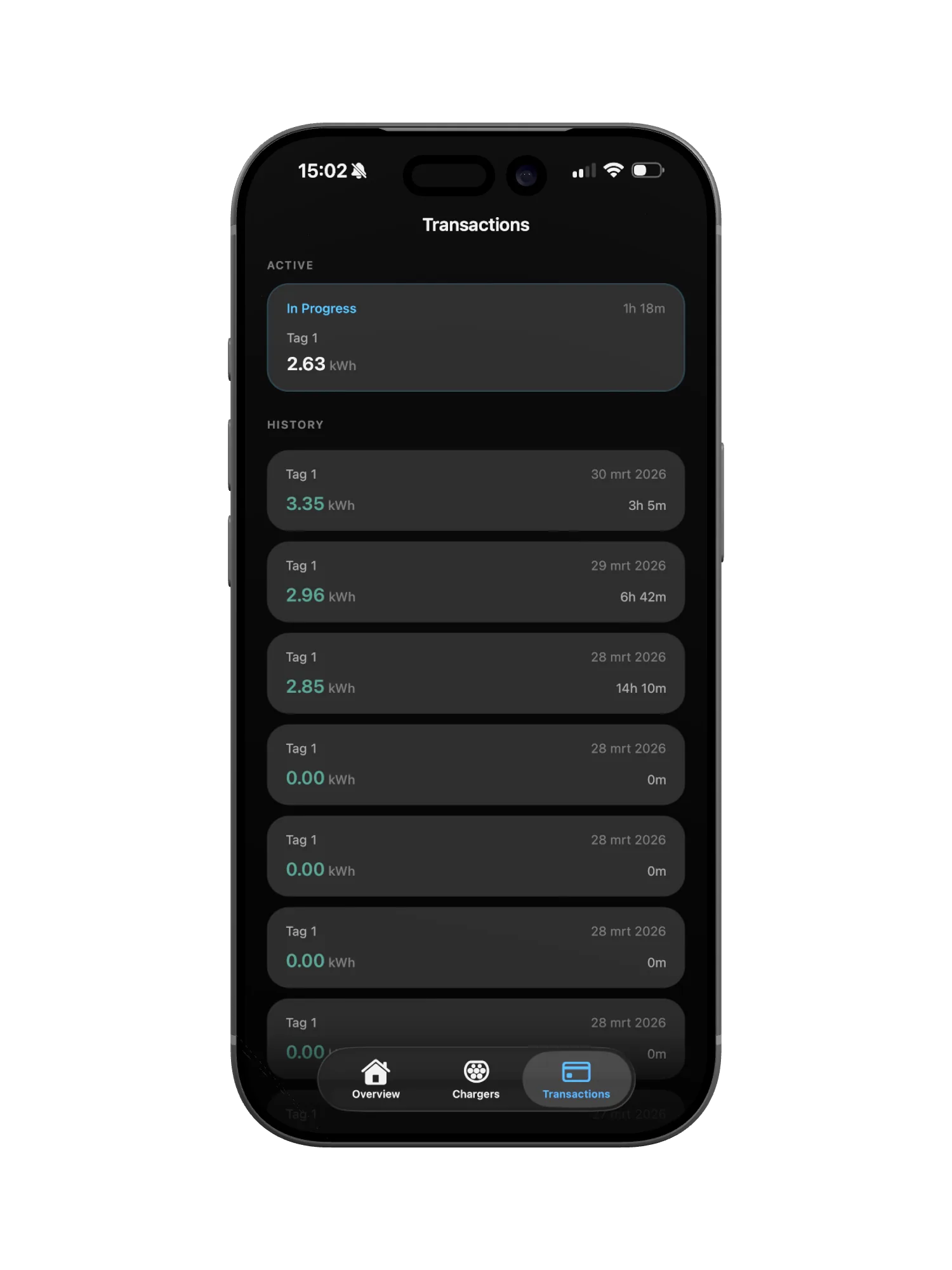 Volt Time app, charging transactions
