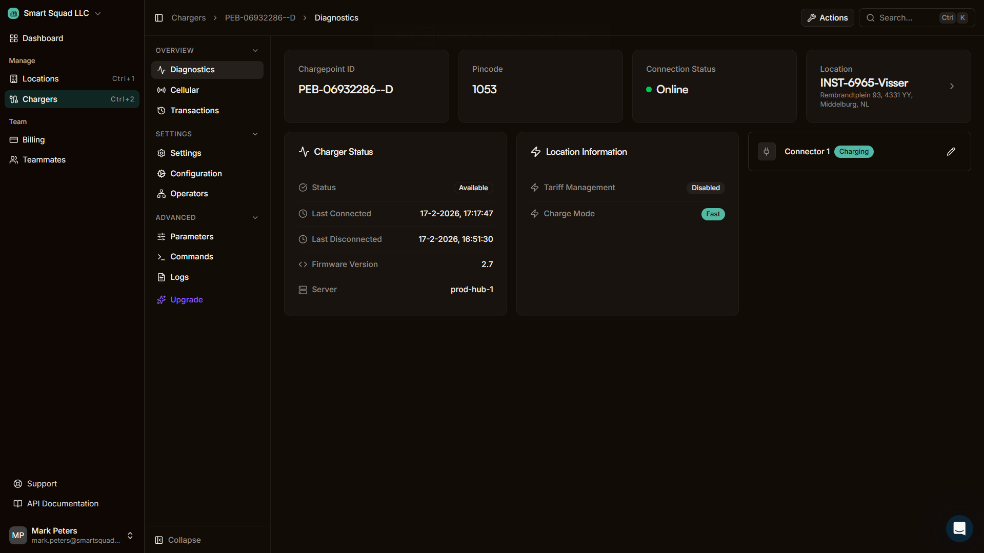 Plugchoice web portal - charger diagnostics view